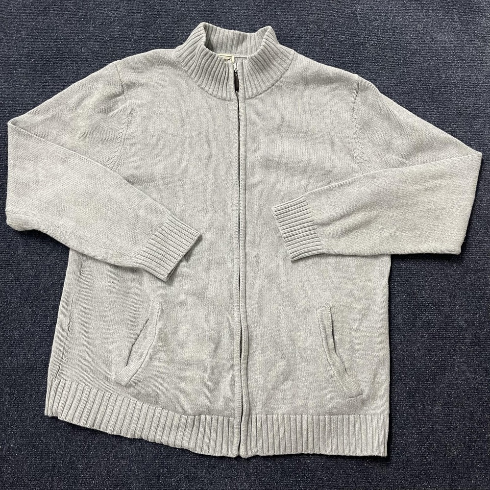 LL Bean Cardigan Sweater Mens Large Tall Gray Full Zip Cotton Mock Neck Knit